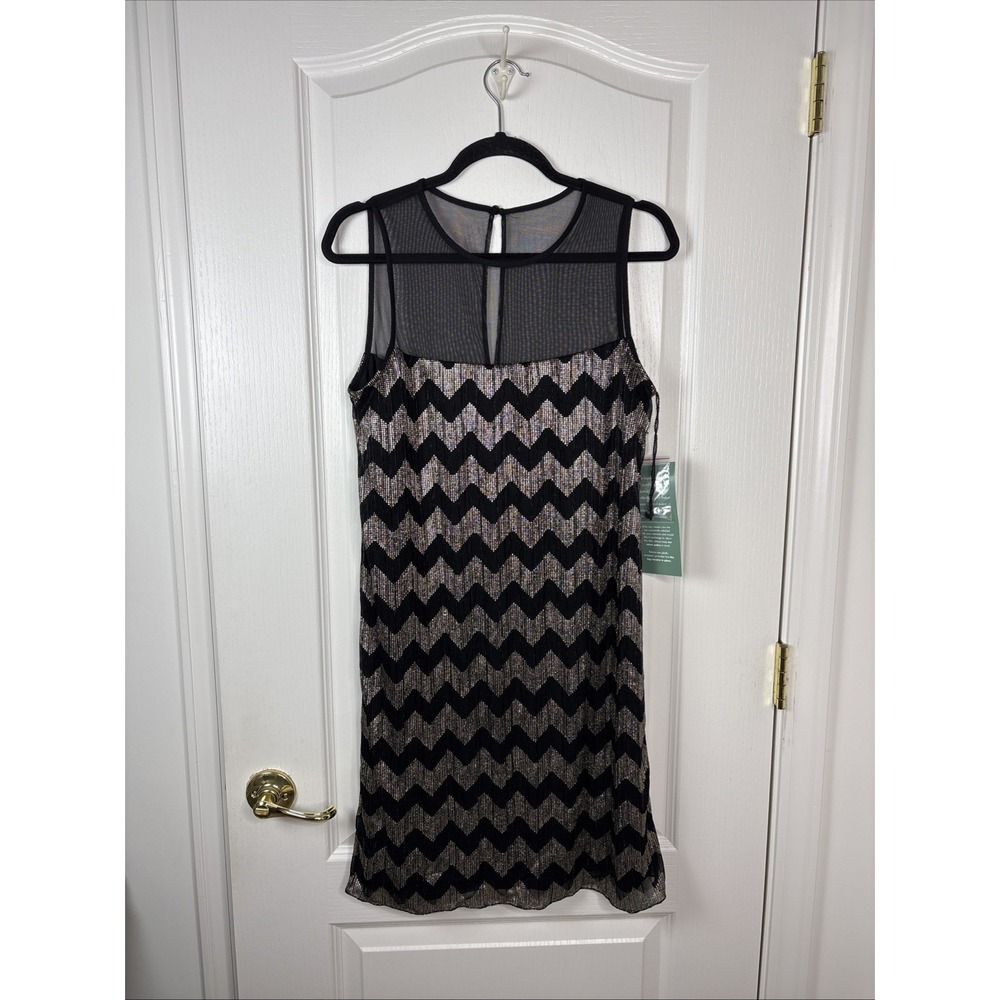 RN Studio Ronni Nicole Womens 6 Black Gold Metallic Chevron Shift Dress NWT
